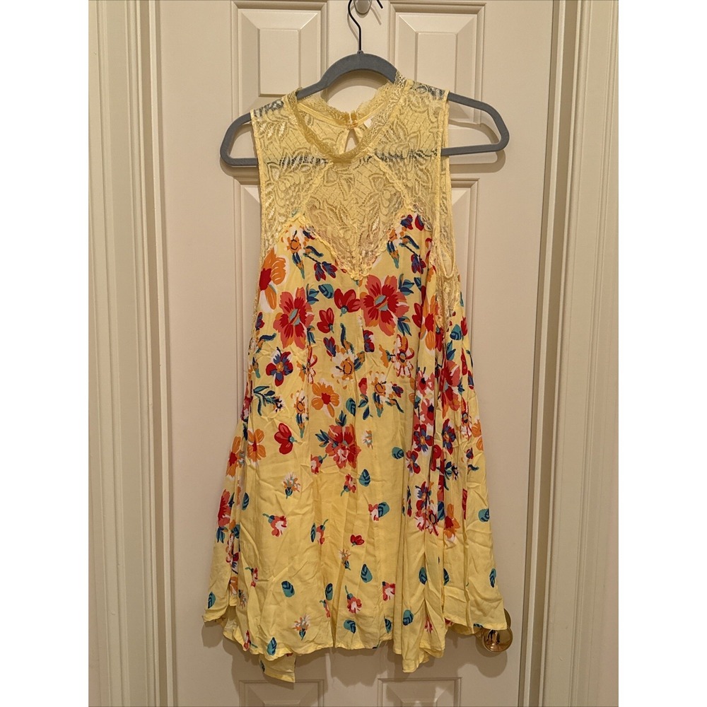 Umgee Babydoll Floral Dress Yellow with Lace Bodice Swing Boho Small